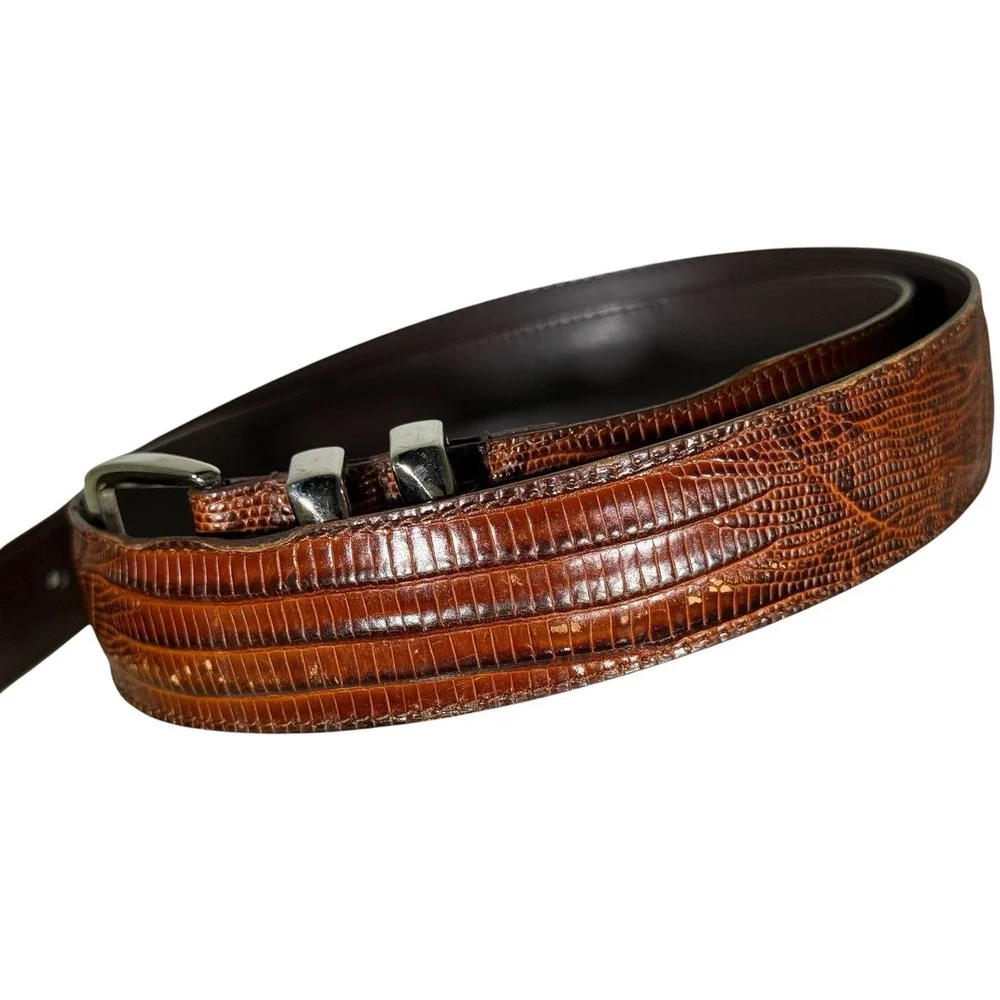 Footjoy Brown Lizard Embossed Leather Golf Belt Sz 42 Stainless Steel Hardware